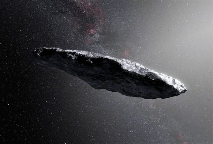 Artist’s impression of the interstellar asteroid `Oumuamua